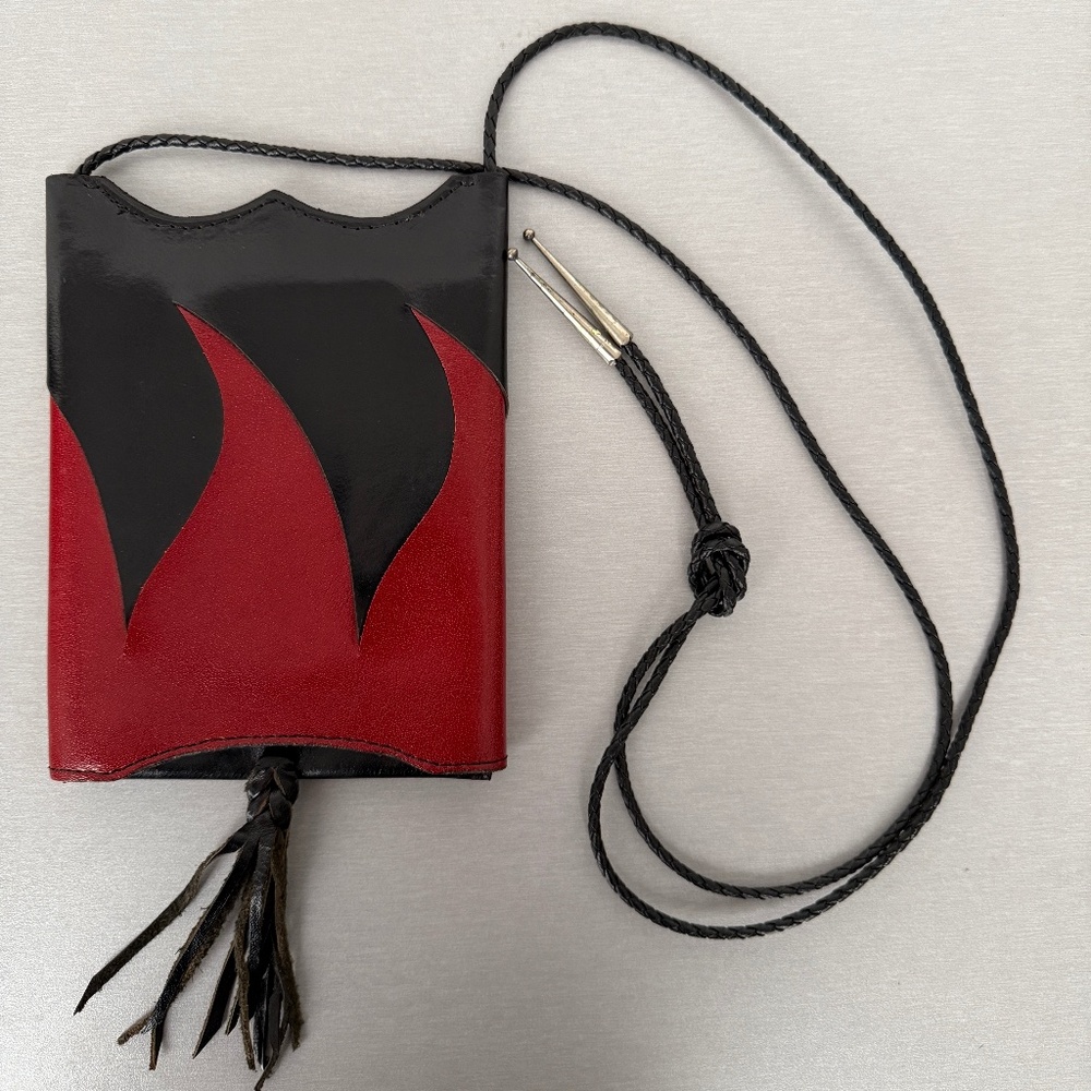 Handmade leather crossbody bag - black with red accents + tassel
